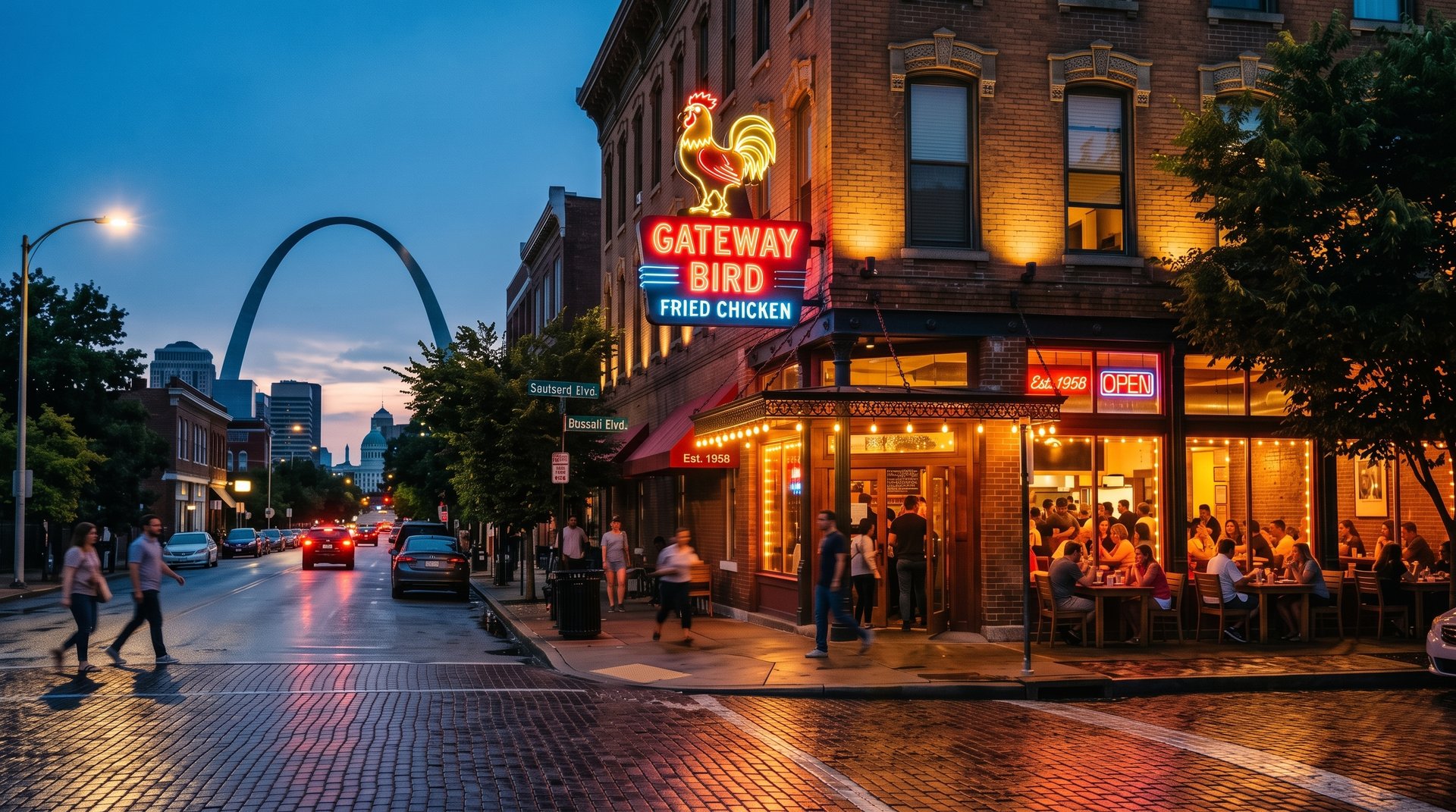 Gateway Bird restaurant exterior in Soulard at dusk